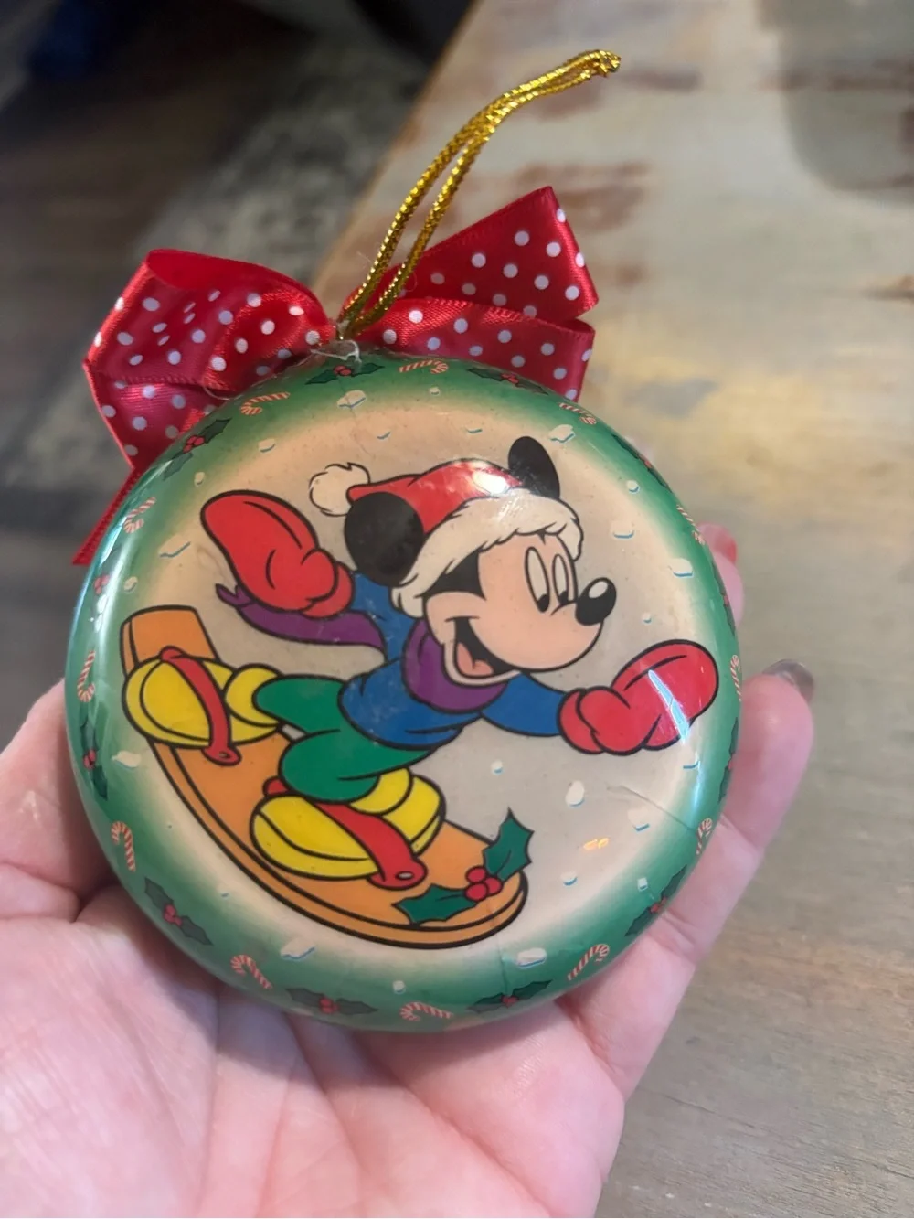 Disney Green and Red Mickey Snowboard Holiday Ornament